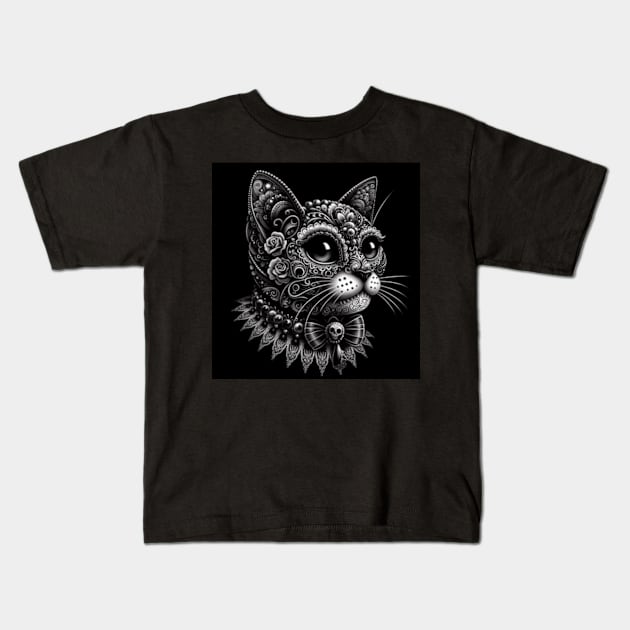 Black Cat Sugar Skull Kids T-Shirt by Fanciful Wonder